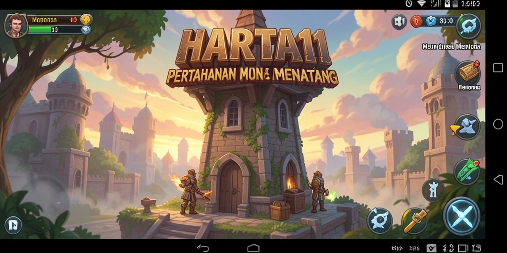 Tampilan gameplay HARTA11 dengan menara yang strategis dan serangan musuh.