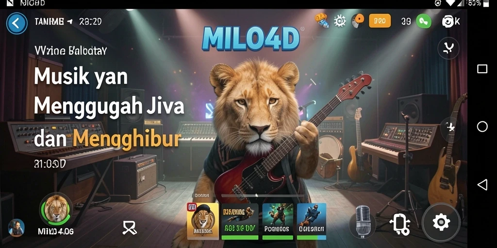 Screenshot <strong>MILO4D</strong> menunjukkan antarmuka pemutar musik yang dinamis dan interaktif.