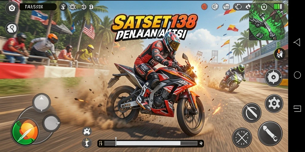Tangkapan layar SATSET138 menunjukkan aksi balapan motor yang intens dan mendebarkan.