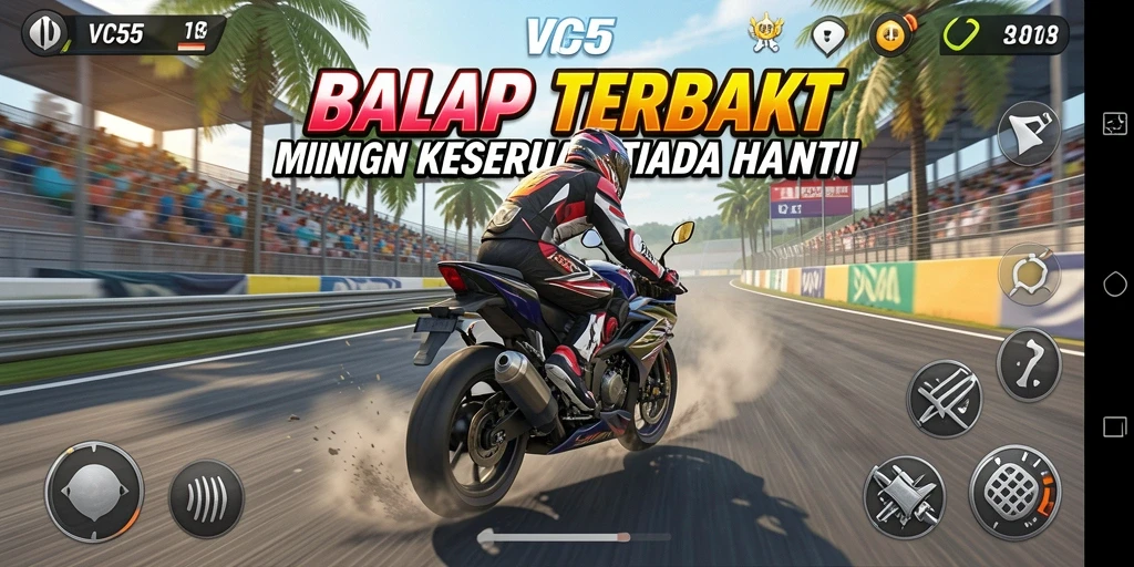 Tampilan gameplay VC55 yang mendebarkan dalam balapan motor.